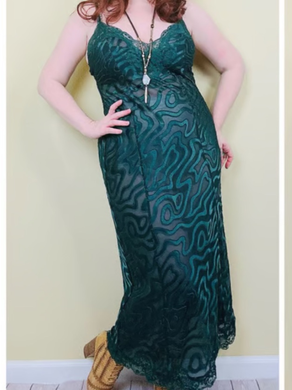 Vintage Victoria’s Secret Green Velvet Burnout Maxi Slip Nightgown 90’s Large - Picture 13 of 13